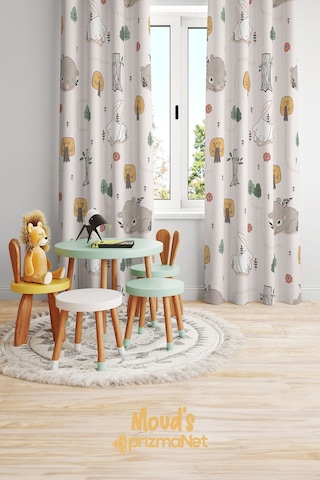 Tavşan Ve Ayıcık Desenli Baskılı Çocuk Ve Bebek Odası Fon Perdesi 2 Kanat - Prd-04 Çok Renkli