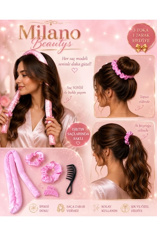 Milano Beautys Isısız Saç Şekillendirme Seti Saten Saç Sosisi Saç Bigudisi Seti/açma Tarağı Hediye Çoklu Renk
