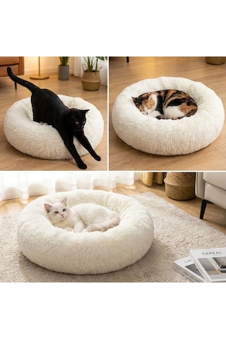 Yuvarlak Ultra Yumuşak Welsoft Peluş Kedi Ve Köpek Yatağı - Kaymaz Taban Tüylü Pet Pufu,uyku Minderi Krem Bx40
