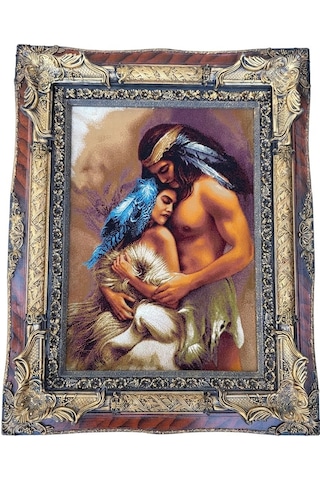 Siyular Kızılderili Aşıklar Adlı İran Tebriz Halı Tablo 95x75cm - Duvar Halı Kilim Tablo Model 2