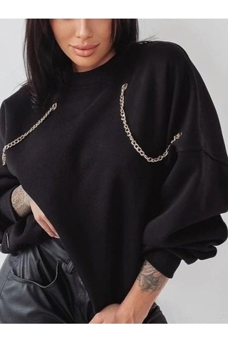 Kadın Uzun Kollu Zincir Detay Iki Iplik Bluz Siyah
