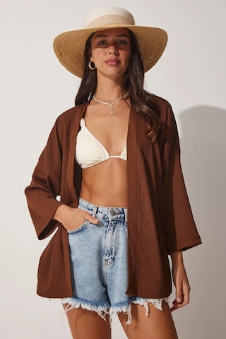 Trend Alisse Kadın Kahverengi Bürümcük Kimono Ceket-düz Kahverengi
