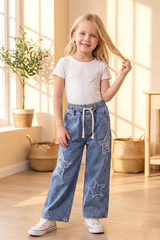 Babymod Yıldız Detaylı Beli Lastik Belli Bol Paca Denim Kız Çocuk Pantolon Mavi