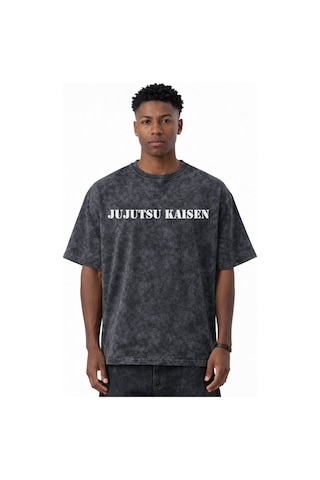 Itadori Yuji Jujutsu Kaisen Anime Baskılı Unisex Oversize Eskitme Siyah