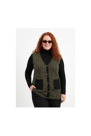 Onno Style Women Büyük Beden Çelik Örgü Klasik Leopar Desen Triko Kadın Yelek Siyah