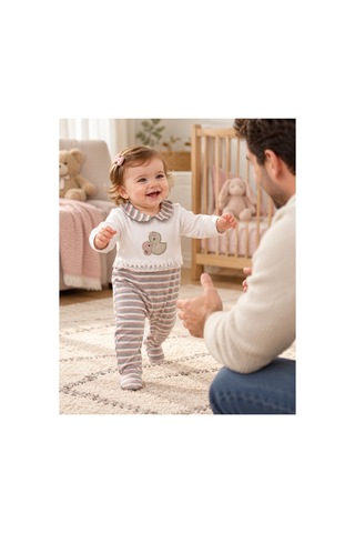 Messlife Ördek Nakışlı Çizgili Kız Bebek Tulumu Beyaz - 929694752 Beyaz