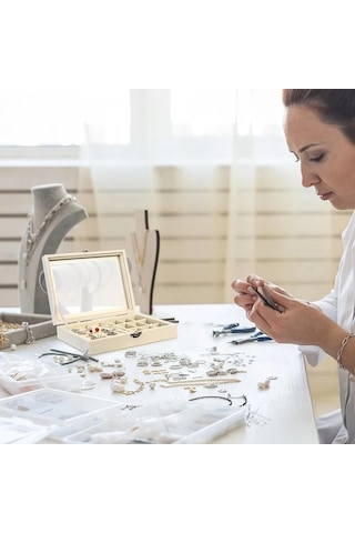 Willowhaven Bej Sku Kilitli 9 Bölmeli Kadife Mücevher Kutusu Yüzük Kolye Küpe Organizer