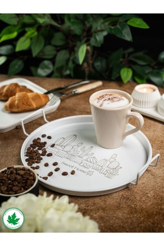 Lin Metal 24cm Yuvarlak Tel Kulplu Tepsi Kaktüs Baskılı - Beyaz