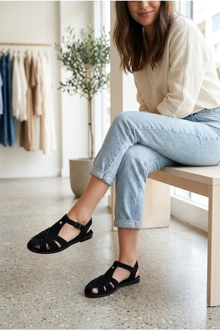 Shoetek Owsa Kadın Sandalet Bilekten Bağlı Çapraz Bantlı Siyah Süet