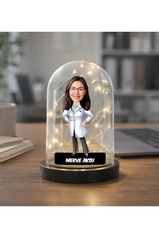 Bk Gift Kişiye Özel Kadın Doktor Karikatürlü Led Işıklı Cam Fanus Biblo -1, Mesleki Hediye, Sevgiliye-arkadaşa Hediye Kobitmeyencom36870 Bk Gift