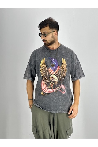 Cocopelli Erkek Yıkamalı Kumaş Baskılı T-shirt Coc2218 Koyu Gri