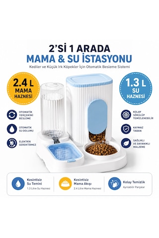 2'si 1 Arada Hazneli Kedi Ve Köpek Mama Kabı & Su Sebili 2.4 L Mama Haznesi 1.3 L Su Haznesi