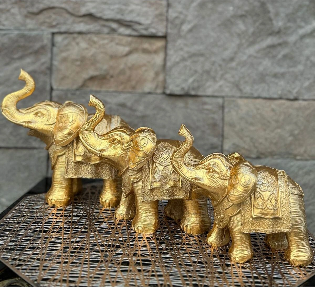 Dekoratif Polyester Üçlü Fil Biblo Gold