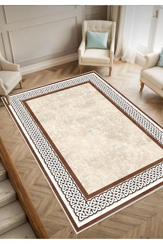 Krem Kahverengi Dijital Baskı Salon Halısı Kaymaz Tabanlı Yıkanabilir Halı Yolluk 530 Krem