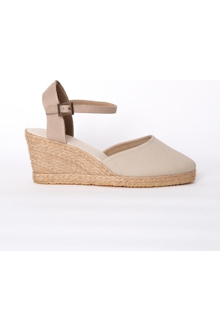 Star Tombis Gerçek Elişi Topuğu Açık Bilekten Bantlı Dolgu Topuk Bej Keten Hasır Espadril Handmade Bej