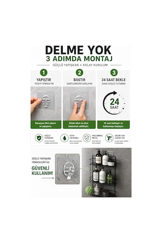 Sas Haus Yapışkanlı Banyo Rafı Siyah Delmeden Montaj Duş Şampuanlık, Paslanmaz Metal, Siyah Organizer Çok Renkli