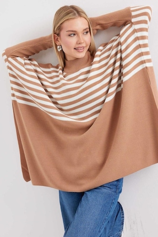 Onno Style Women Çizgili Standart Beden Triko Panço Somon