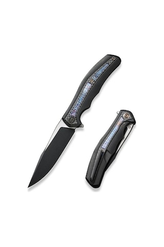 We Knife Zonda Black Titanium Handle With Twill Carbon Fiber & Flamed Titanium Inlay Black Stonewashed Cpm 20cv Blade Satin Flat Kamp Çakı Siyah