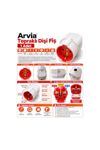 Arvia Topraklı Dişi Fiş Beyaz Tekli Seyyar Uzatma 16 Amper 220 Volt Ip20