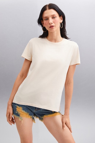 Grımelange Samantha Kadın %100 Organik Pamuklu Comfort Fit Arkası Uzun Basic Örme Bej T-shirt Bej