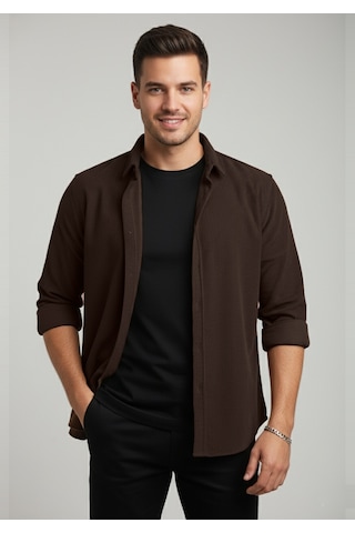 Deepsea Erkek Kahve Kadife Fitilli Rahat Kesim Gömlek Yumuşak Dokulu Likralı Kadife Gömlek 2600758 Kahve