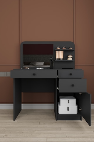 Modern Çekmeceli Aynalı Makyaj Masası %100 Mdf Takı Düzenleyici Dolap Mam02 Koyu Gri