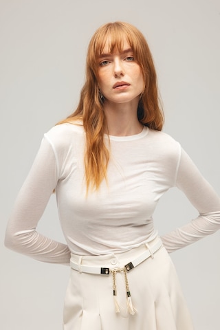 Saade Sââde Kadın Slim Fit Bisiklet Yaka Uzun Kollu Basic Örme Bluz - Transparan Görünümlü Ekru