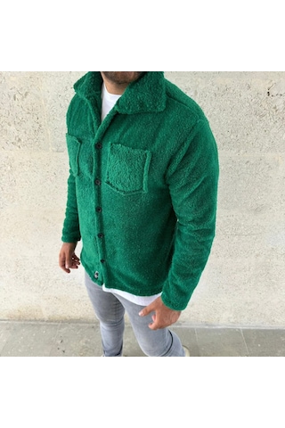 Erkek Pelüş Polar Hırka Gömlek Yakalı, İlik Düğmeli, Göğüs Cepli, Yumuşak Dokulu Kışlık Regular Fi Çimen Yeşili