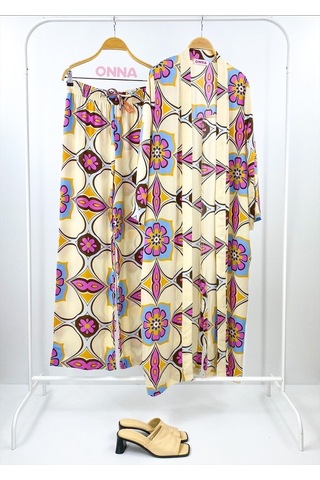 Modaonna Kadın Bej Renk Pamuklu Kimono Pantolon Takım Bej