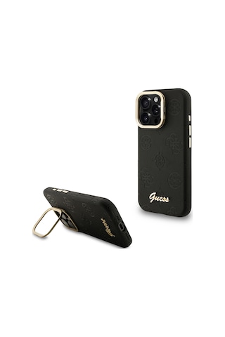 Apple Uyumlu iPhone 15 Pro Max Kılıf Guess Lisanslı M-safe Şarj Özellikli Kamera Standlı Peony Kapak Siyah