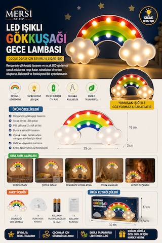 Led Işıklı Gökkuşağı Gece Lambası Dekoratif Duvara Asılabilir Çocuk Odası Lambası Çok Renkli