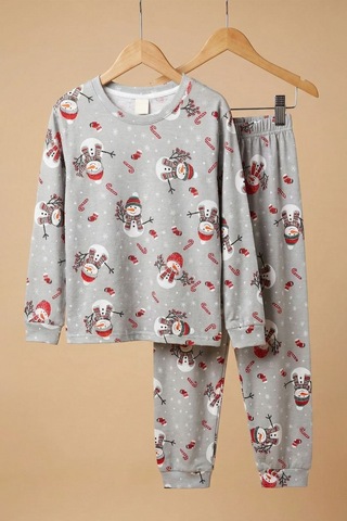 Zuzunga Unisex Yılbaşı Temalı Cute Kardan Adam Desenli Çocuk Pijama Takımı Gri