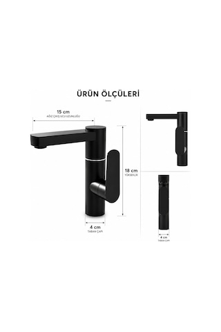 Lüx Premium Silva 360 Döner Borulu Siyah Banyo Lavabo Bataryası Musluğu Çeşmesi Modern Batarya