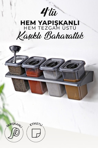 Kitchen Life 4'lü Etiketli Standlı Kilitli Kaşıklı Kendinden Yapışkanlı Kare Baharatlık Takımı - Erzak Kabı Seti Siyah