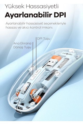 Bluetooth Usb Çift Modlu Sessiz Mouse, Şeffaf Mıknatıslı Kapaklı, Type-c Şarjlı, Dpı Ayarlı, Kablosuz 10m Çekim Mesafeli, Masaüstü Kısayol Tuşlu, Taşınabilir Şarjlı Mouse Siyah -