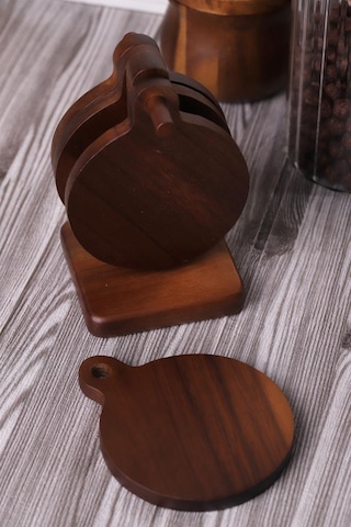 Mien Akasya Bardak Altlığı Set Standlı Kahverengi