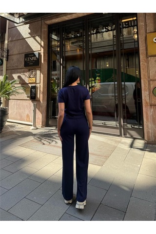 WeShaya Lacivert Polyester Keten Palazzo Takım Lacivert