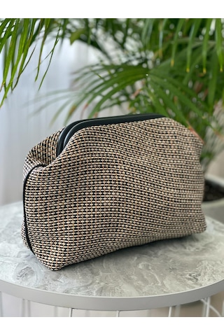 Muz Lifi Dokuma Siyah Deri Detaylı El Çantası Siyah