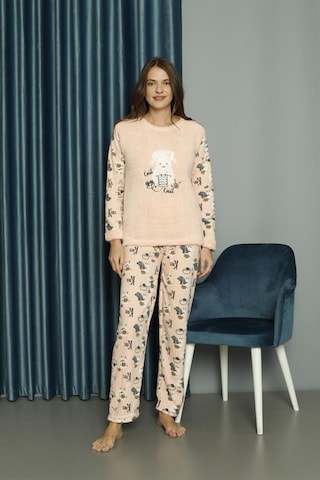 Yeni Sezon Sonbahar/kış Kadın Welsoft Polar Yuvarlak Yaka Kuzucuk Desenli Kalın Pijama Takımı 30005-somon Somon