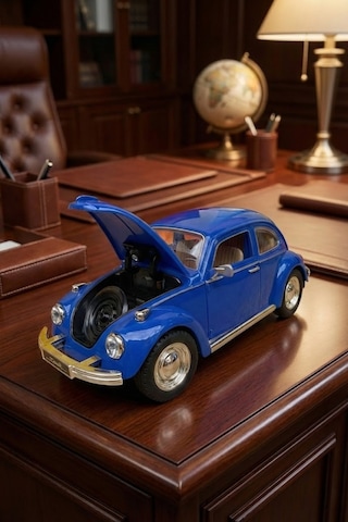 Nostaljik Beetle Vosvos Oyuncak Araba - 17 Cm Büyük Boy Sesli Işıklı Sürtmeli Mavi Model Araba Çok Renkli