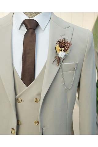 Beystil Sivri Yaka Krem Takım Elbise Petek04 -slim Fit Krem