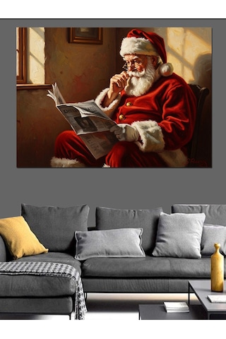 Gazete Okuyan Noel Baba Figürü Dekoratif Kanvas - Mdf Ahşap Tablo