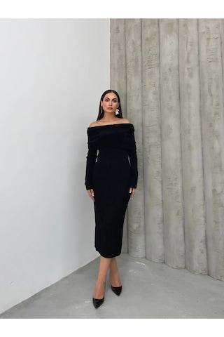 Msm Fashion Kadın Elbise Uzun Triko Kışlık Madonna Yaka Likralı Kalem Elbise Siyah