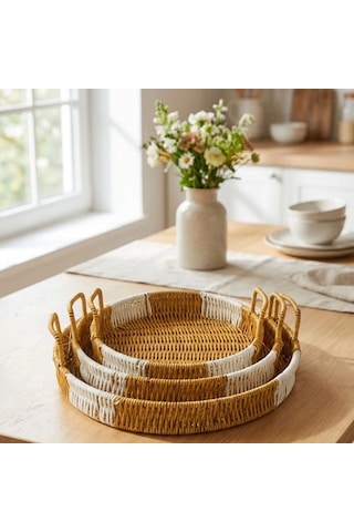 İç İçe Geçebilen 3 Lü Yuvarlak Plastik Rattan Tepsi Seti-çift Renkli Hasır Görünümlü Çok Amaçlı Servis Ve Sunum Tepsileri Bx40