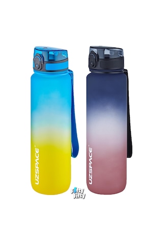 Uzspace 2'li Tritan Matara Seti 1000ml Büyük Boy Çift Renk Softtouch Ff Collection Tritan Su Matarası Sarı Lacivert - Lacivert Kırmızı
