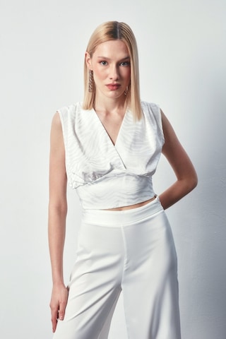 Sateen Kruvaze Desenli Saten Bluz - Ekru