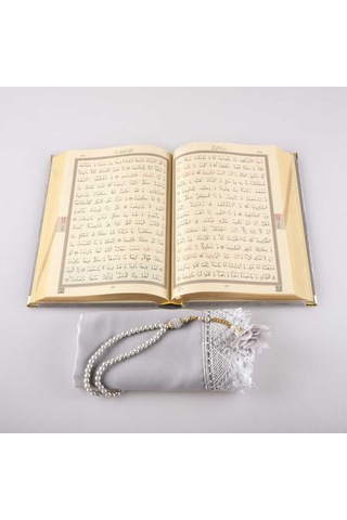 Şal + Tesbih + Kuran Hediye Seti (Çanta Boy, Kadife, Gri)