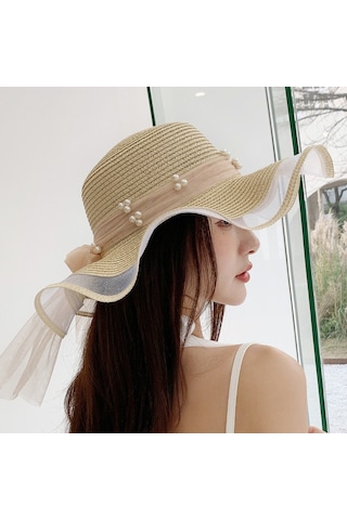 Şık Ve Zarif Bayanlar İçin İnci Detaylı Hasır Örgü Yazlık Güneş Şapkası Mavi