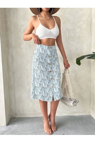 Desenli Düğmeli Etek Beyaz