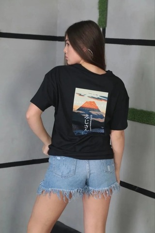 Tarzyeri Kadın Bisiklet Yaka Baskılı Kısa Kol Oversize T-shirt - Siyah
